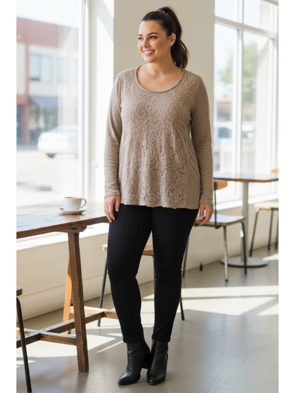 Cato Women’s Brown Long Sleeve Lace Design Top
